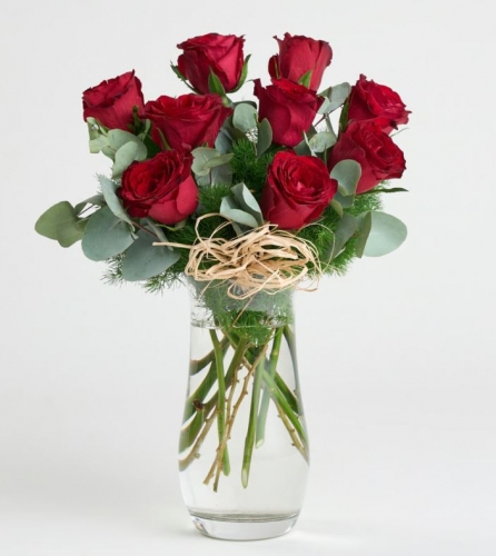 Bardak Vazoda 9 Kırmızı Gül