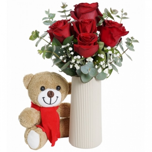 Bej Vazoda Gül ve Ayıcık