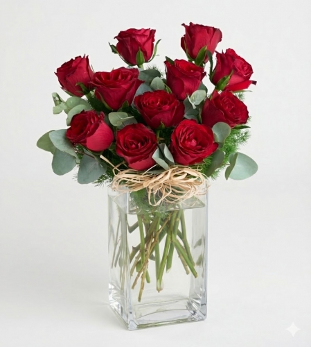 Kare Mika Vazoda 11 Kırmızı Gül