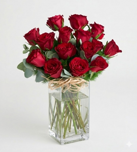 Kare Mika Vazoda 15 Kırmızı Gül