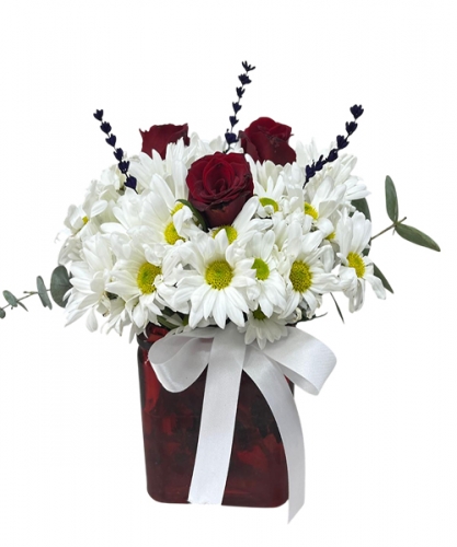 Kırmızı Vazo Papatya Gül