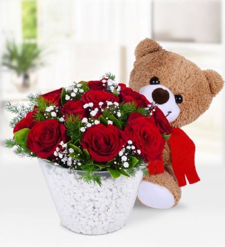 Konik Vazoda Gül ve Mutlu Ayıcık